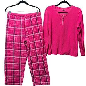 ZENista Pink Plaid Fleece Pajama Set Waffle Henley‎ Top & Pants L Long Sleeve